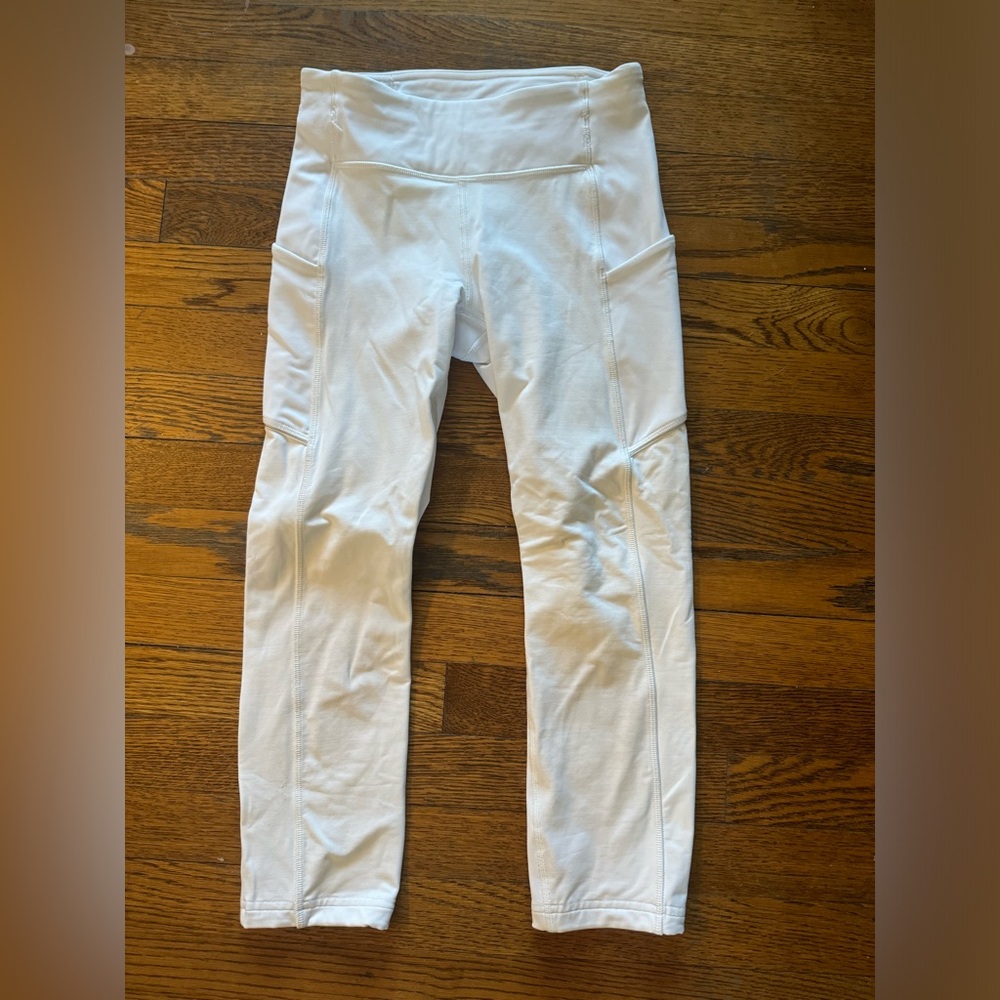 White Lulu Leggings - SZ4 with side pocket / bottom of pocket- reflective trim
